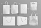 生态袋模型。现实的帆布纸手提包。现代材料或棉花可重复使用的购物袋。白色购物包向量集