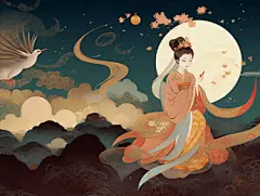 中秋节嫦娥月下飞舞祥云伴身插图卡通唯美手绘可爱古风插画壁纸
