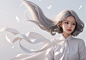 01140--3-a woman,white_background,grey hair,white ribbons fluttering up in the air,beautiful and romantic,curly hair,