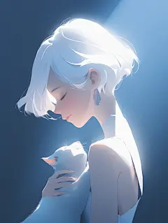 手绘极简主义白发卡通女孩人物芭比娃娃猫咪设计插图Midjourney关键词咒语