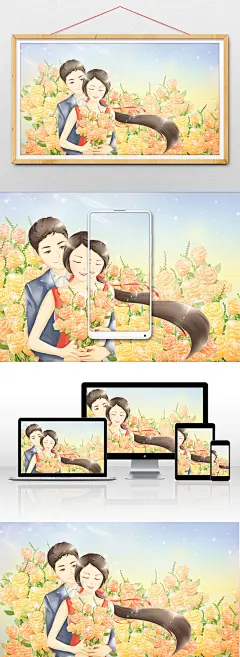 蓝色唯美情人节插画