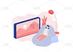 社交距离待在家里，迷你小人们在线观看电影，智能手机流媒体应用概念海报或白色背景的社会横幅设计插图，复