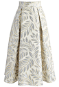 Golden Olive Jacquard Midi Skirt  : Extend a golden olive branch to your wardrobe with this subtle and sophisticated jacquard midi skirt. Its textured metallic pattern make add a fun twist to this traditional A-line silhouette. 

- Texture metallic jacqua