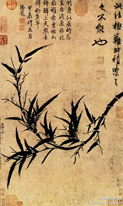 #古代书画#【 元 柯九思《横竿晴翠图》】此图竹枝一竿，取势自上倾下，又旋而翻上，用笔苍劲，除主干用墨稍淡外，枝叶皆以浓墨为之，表现出坚韧顽强的精神力量，实是作者寄情笔墨的用心之作。其艺术表现手法乃效拟宋人文同，而较之老辣，富有书法笔意。日本大阪市立美术馆藏。