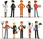 People group in different professions. Fireman, doctor and teacher. Builder, policeman and courier. Vector characters in action poses