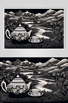 AI数字艺术复古铜版画茶园茶叶插画-众图网