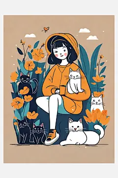 AI数字艺术扁平风女孩和猫咪-众图网