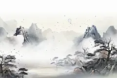 美景创作河流水墨画插画图片