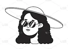 戴太阳镜的女人戴着夏帽单色扁平线头.白种人卷发女士可编辑的轮廓手绘人脸图标.用于动画的2D卡通点矢量