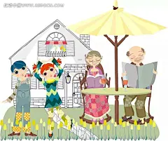 在凉亭下看书读报的老爷爷老奶奶和在房子外面玩耍的小朋友矢量图房子|花朵|卡通老奶奶|卡通老爷爷|卡通人物|卡通人物图片|卡通小男孩|卡通小女孩|凉棚|凉伞|凉亭|漫画人物|人物素材|人物图片|矢量人物|矢量素材|室外|手绘人物