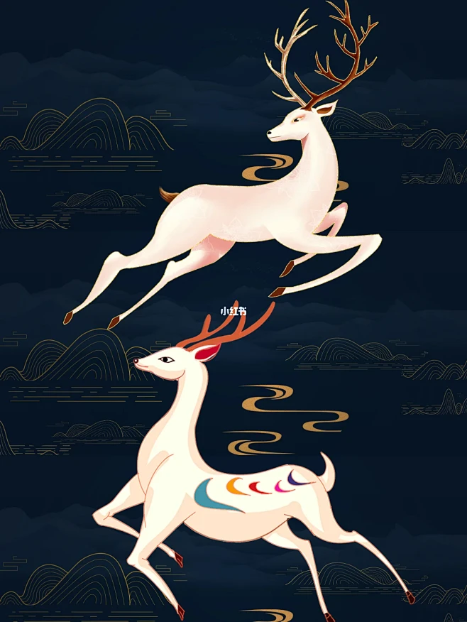 七彩麋鹿仙鹿国潮风插画素材|源文件