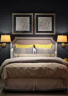 Custom headboard, pillows and bedding featuring trimmings from Samuel and Sons Passementerie.
