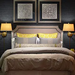 Custom headboard, pillows and bedding featuring trimmings from Samuel and Sons Passementerie.