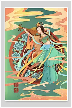 手绘绿黄清新国潮文化人物风景插画
