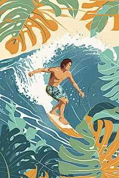 扁平风冲浪夏季运动插画