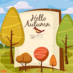 模板设计秋季海报，宣传册，海报，明信片你好秋天。风景、卡通风格。向量。孤立的