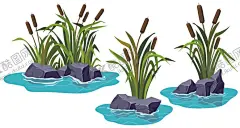 湿地插画 【酷图网】水草,香蒲,水流,湿地,插画