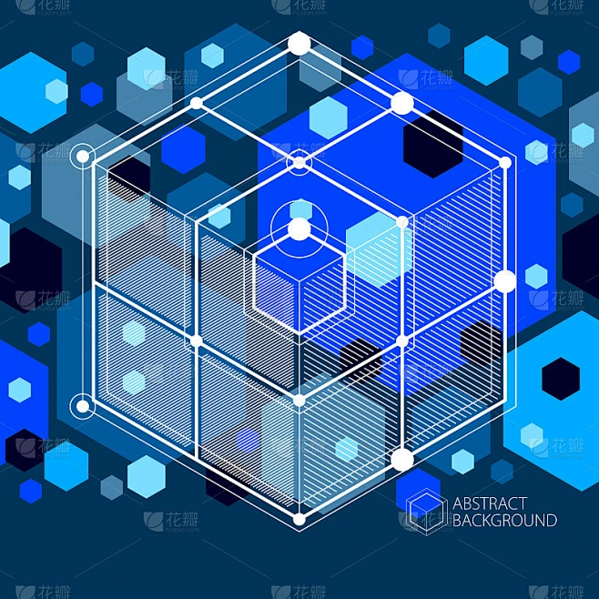 等距抽象深蓝色背景与线性维度立方体形状，矢量3d网格元素。立方体，六边形，正方形，矩形和不同的抽象元素材-花瓣网