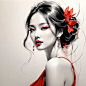 elegant maiden，black andwhite水墨画，pen sketch drawing，loose brushwork，Pen outlines delicate lines，Fluid action，Subtle shades of paint，elegant posture，A peaceful expression，Delicate facial features，black andwhite，to clean, small red color.