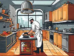 AI数字艺术手绘扁平厨师在厨房烹饪场景