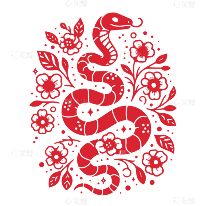 蛇年春节红色剪纸蛇纹样元素