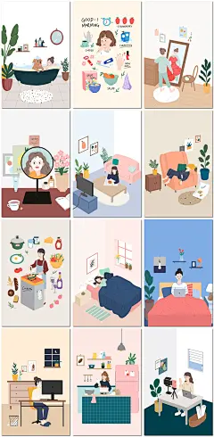 单身女孩家居生活做菜学习办公休息手绘插画插图海报设计模板素材