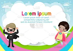 超级英雄孩子的背景，模板的广告小册子，您的文本，可爱的小超级英雄儿童，儿童和框架，儿童和框架，矢量插