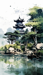 设图网经典中式园林中国风水墨山水风景插画