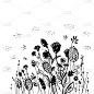 卡片横幅海报，树叶鲜花。苗圃装饰的当季趋势，黑色孤立在白色上。向量