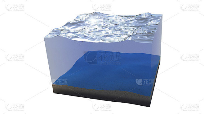 一个海洋的横截面，干净的海洋水立方孤立在白色背景(3d插图)