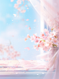 a pink bouquet of fresh air and cherry blossom flowers in front, in the style of dreamlike illustration, windows vista, soft and dreamy depictions, flowing draperies, uhd image, scattered composition, light bronze and sky-blue