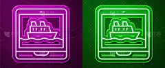 发光的霓虹线邮轮图标孤立在紫色和绿色的背景。旅游、旅游、航海运输。远航客轮、邮轮。全球巡航。向量