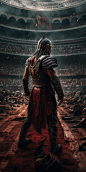full shot, a mysterious gladiator with a titanium sword wearing a black red dragon scales armor entering the coliseum arena in a mighty display of raw power, epic power pose, cinematic, explosion dust, rich colors, surreal, artistic photography