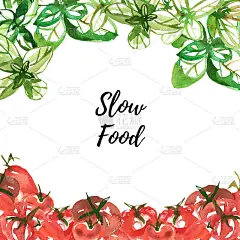 番茄和罗勒手绘水彩插图。有机蔬菜设计模板。健康的食物。农业市场的概念。收集番茄和罗勒叶及植物。