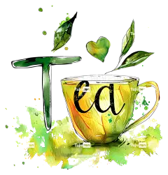 茶水彩画茶壶绿叶茶叶-带浮叶的彩色茶壶，