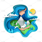 Girl hugging mountains, forest trees, wild animals