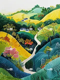 中国夏季风景，曲线线条流畅，色彩极其鲜艳，对比度高，白色背景