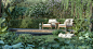 木质露台在热带花园的3d渲染