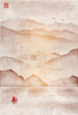 多雾的山峦,渔船和成群的鸟的景观.传统东方水墨画苏美，苏新，高华。喜羊羊-花朵