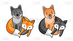 柴犬和黑狐狸。可爱的卡通人物。