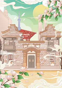 国潮建筑插画｜城市海报｜上海石库门插画步骤
