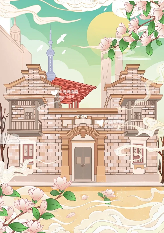 国潮建筑插画｜城市海报｜上海石库门插画步骤-花瓣网