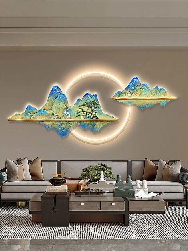 千里江山图客厅墙面装饰画沙发背景墙壁画带灯新中式山水茶室挂画-tmall.com天猫-花瓣网