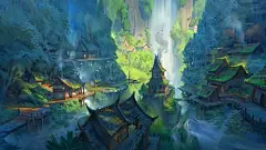 瀑布 房屋 山水画风景4K壁纸3840x2160