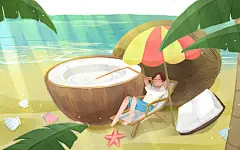 夏天海报背景夏天背景卡通手绘椰子人物组合夏天原创插画素材海报
