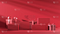 最小的讲台产品背景为情人节，红色礼盒与丝带蝴蝶结的红色背景。3 d渲染。