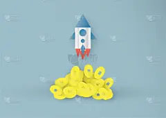 矢量插图与启动概念剪纸，工艺和折纸风格。火箭在蓝天上飞行。模板设计的网站横幅，海报，封面，广告。儿童