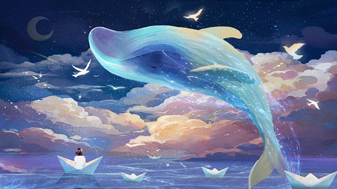 治愈系梦幻唯美海洋海豚鲸鱼云朵星空插画