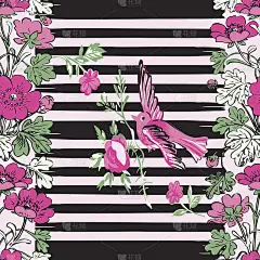 无缝异国情调的鸟飞和植物边框框架与热带花卉印花条纹图案几何复古背景矢量设计，时尚，衬衫，纺织品，贺卡