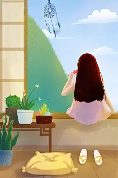 少女背影手绘创意大气清新踏青插画